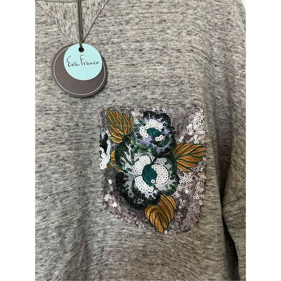 NWT Eva Franco Pocket Sequin Sweatshirt Hi Lo Front and Back - Picture 2 of 6